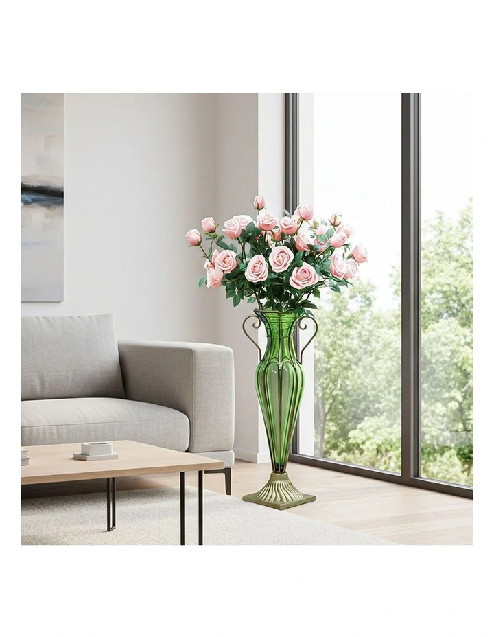 SOGA Green Glass Flower Vase with Silk Rose Arrangement Decor Set image 2