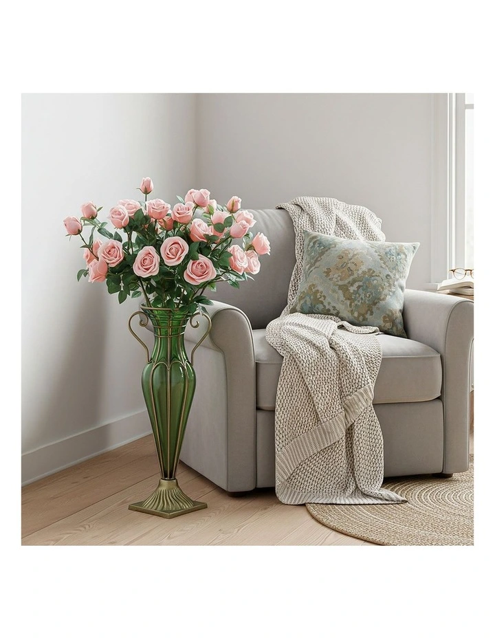 SOGA Green Glass Flower Vase with Silk Rose Arrangement Decor Set image 3