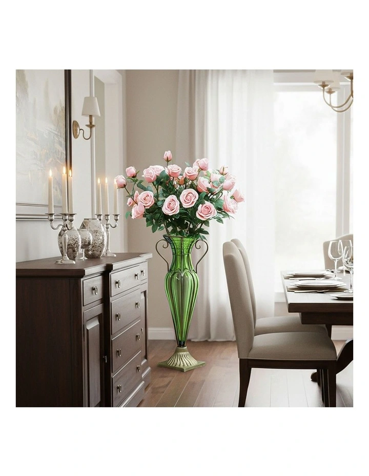 SOGA Green Glass Flower Vase with Silk Rose Arrangement Decor Set image 4