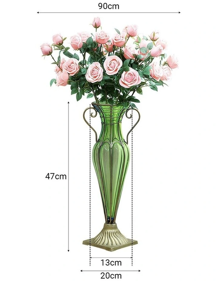 SOGA Green Glass Flower Vase with Silk Rose Arrangement Decor Set image 7