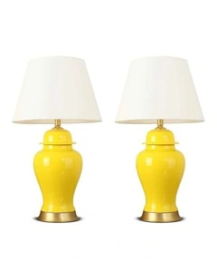 SOGA 2 Pack Yellow Oval Ceramic Table Lamps with Gold Bases