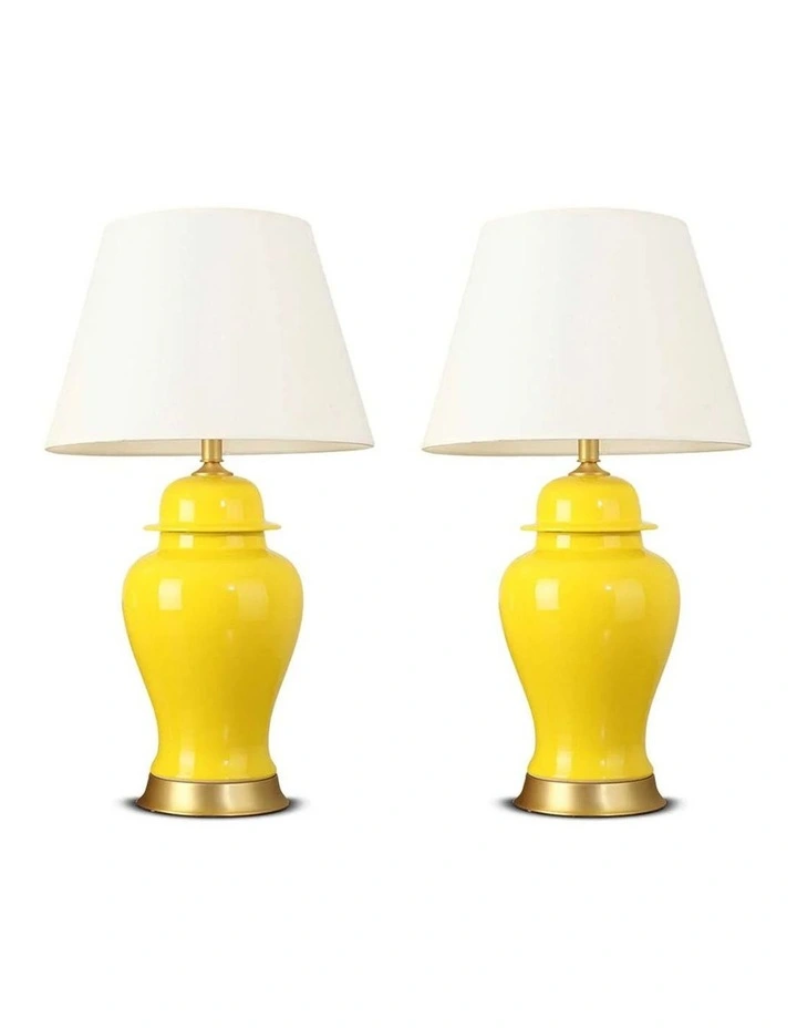 SOGA 2 Pack Yellow Oval Ceramic Table Lamps with Gold Bases image 1