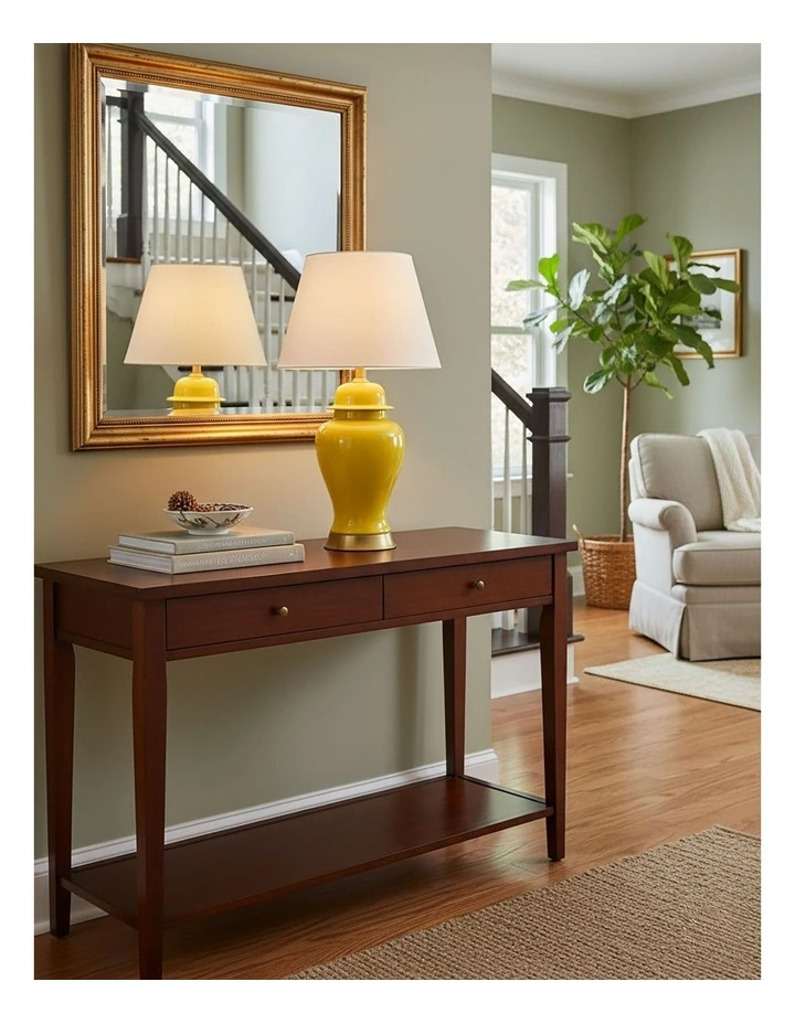 SOGA 2 Pack Yellow Oval Ceramic Table Lamps with Gold Bases image 3
