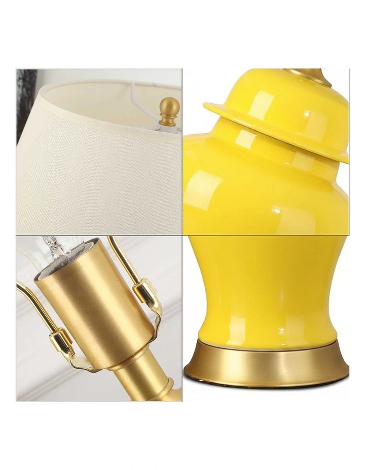 SOGA 2 Pack Yellow Oval Ceramic Table Lamps with Gold Bases image 6
