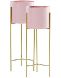 SOGA 2X 42cm Gold 2 Tier Plant Stand Pink Pot