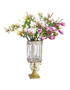 SOGA Clear Glass Cylinder Flower Vase with 6 Bunch 4 Heads Artificial Fake Silk