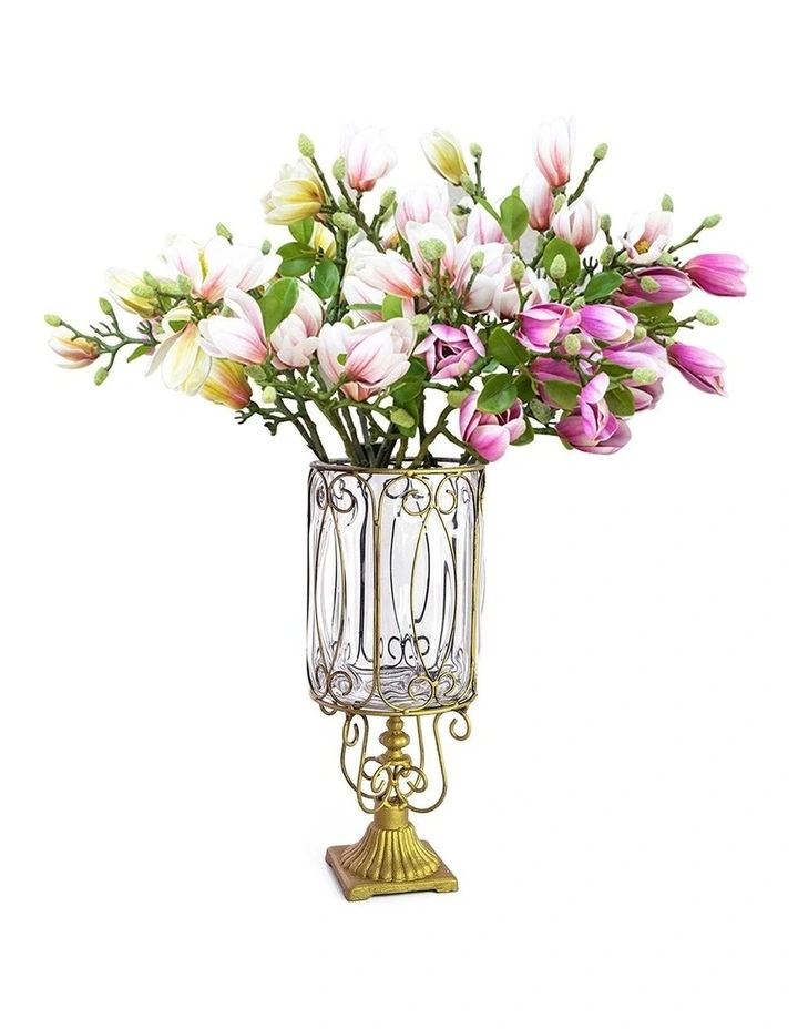 SOGA Clear Glass Cylinder Flower Vase with 6 Bunch 4 Heads Artificial Fake Silk image 1