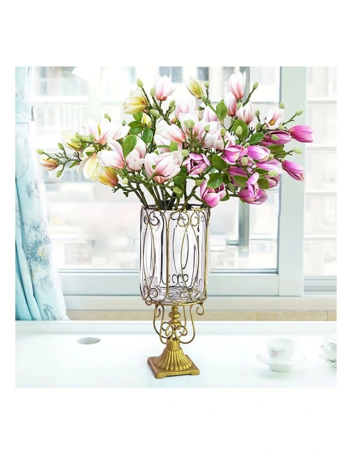 SOGA Clear Glass Cylinder Flower Vase with 6 Bunch 4 Heads Artificial Fake Silk image 5