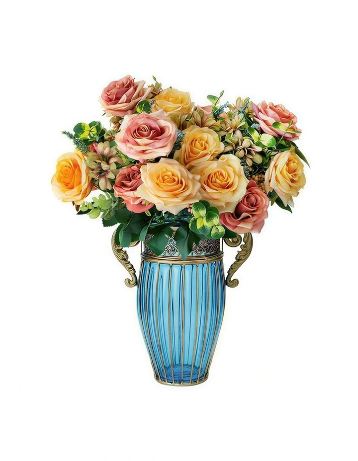 SOGA Blue Glass Vase with 4 Bunches 11-Head Silk Rose Decor Set image 1