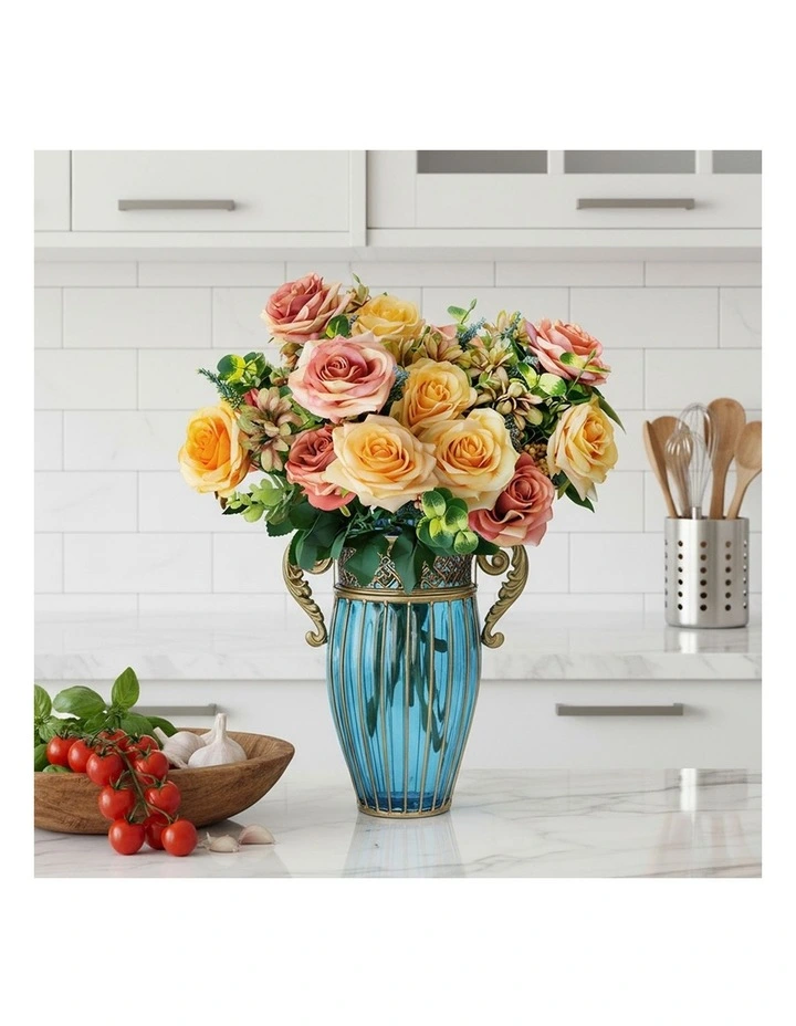 SOGA Blue Glass Vase with 4 Bunches 11-Head Silk Rose Decor Set image 2