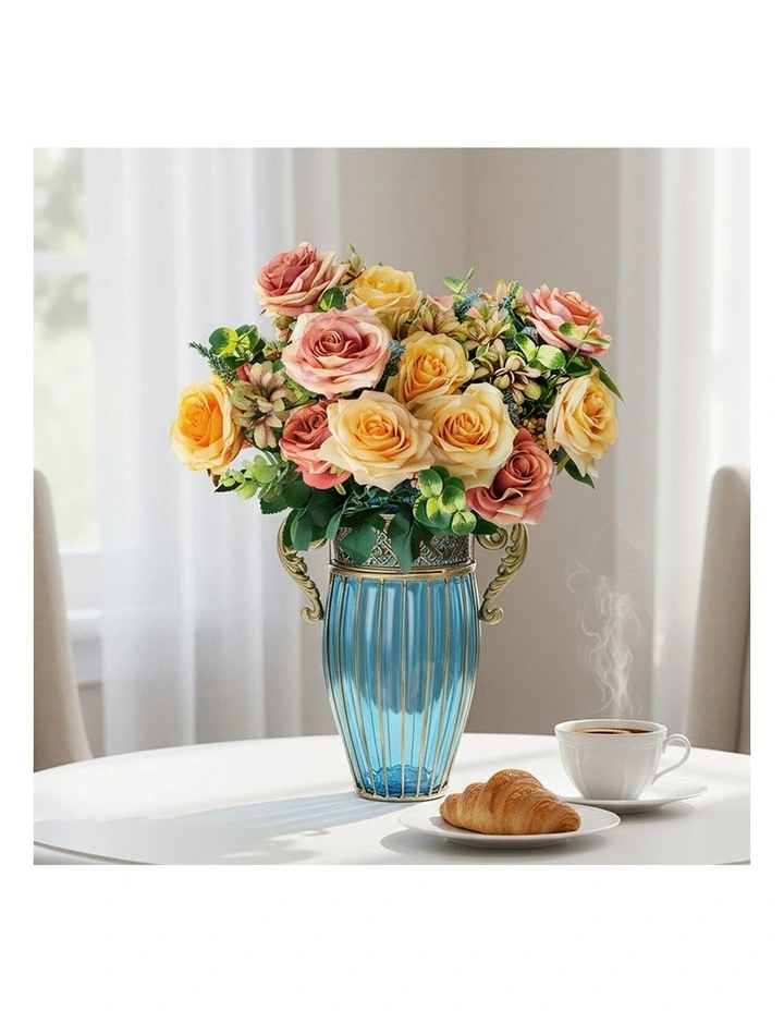 SOGA Blue Glass Vase with 4 Bunches 11-Head Silk Rose Decor Set image 3
