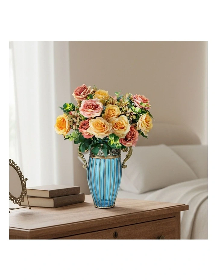 SOGA Blue Glass Vase with 4 Bunches 11-Head Silk Rose Decor Set image 4