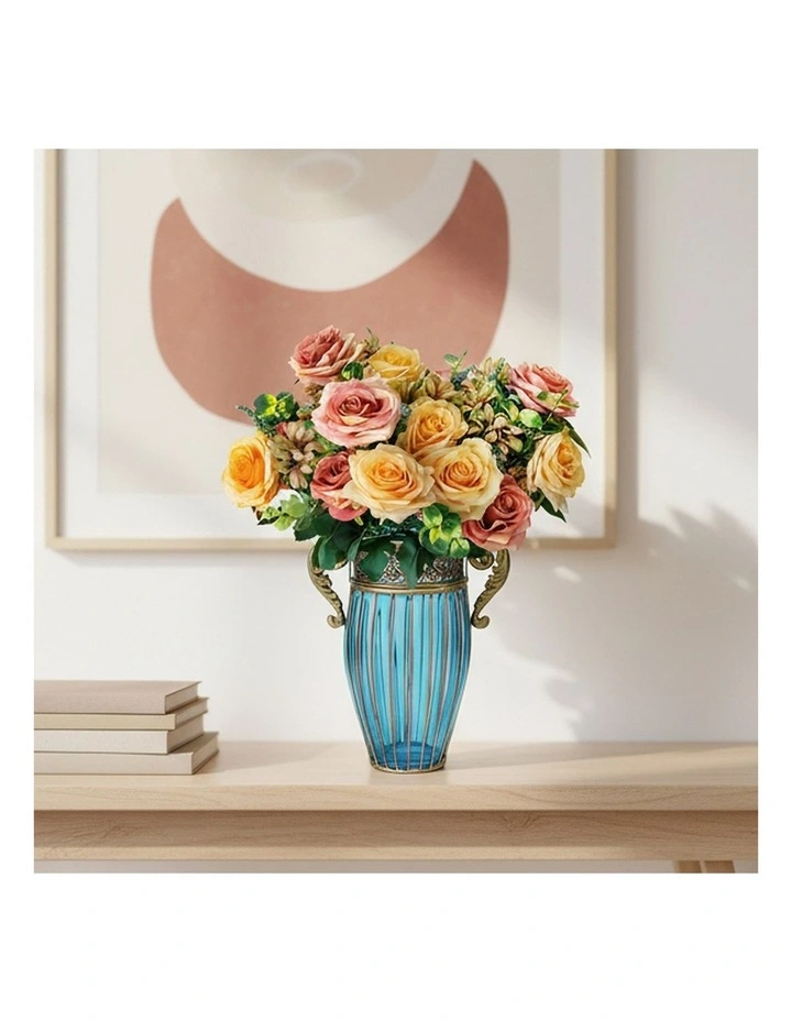 SOGA Blue Glass Vase with 4 Bunches 11-Head Silk Rose Decor Set image 5