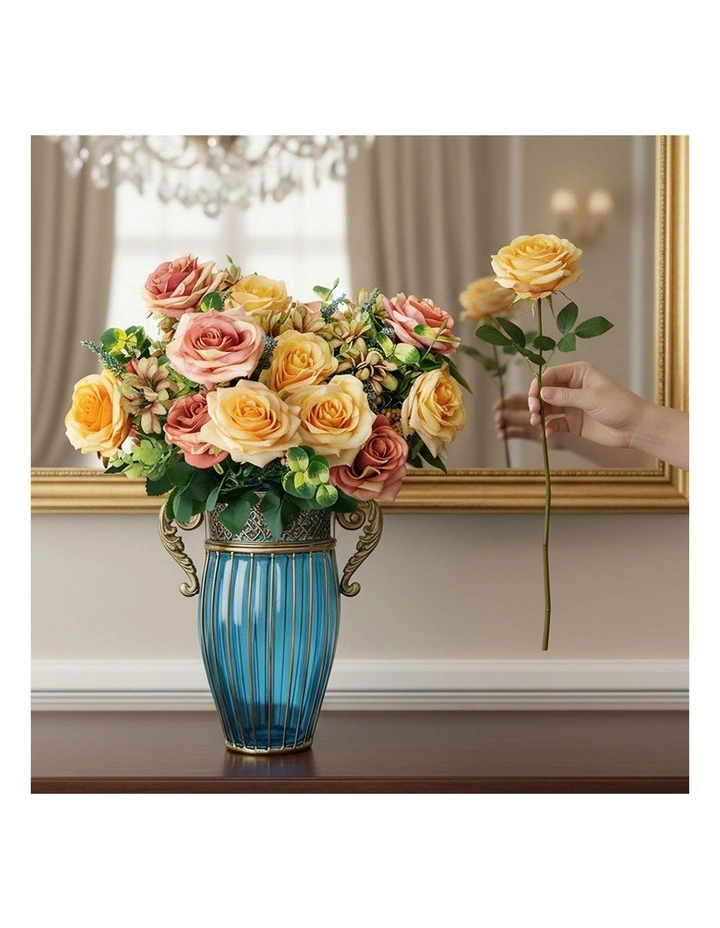 SOGA Blue Glass Vase with 4 Bunches 11-Head Silk Rose Decor Set image 6