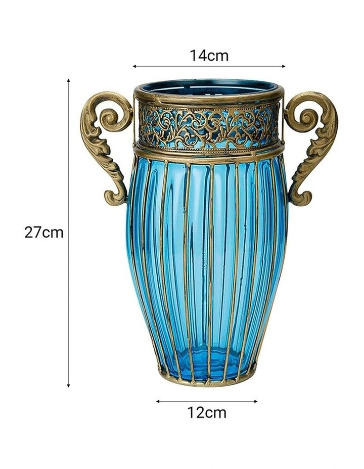 SOGA Blue Glass Vase with 4 Bunches 11-Head Silk Rose Decor Set image 7