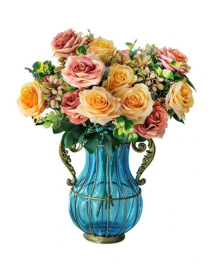 SOGA Blue Glass Vase with 4 Bunches 11-Head Silk Rose Decor Set image 1