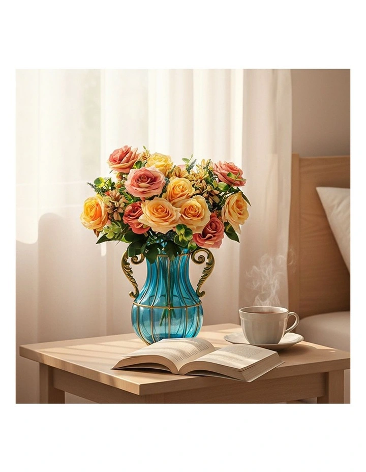 SOGA Blue Glass Vase with 4 Bunches 11-Head Silk Rose Decor Set image 2