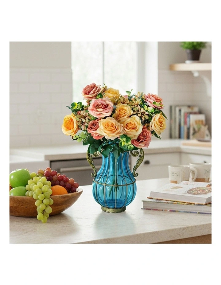 SOGA Blue Glass Vase with 4 Bunches 11-Head Silk Rose Decor Set image 4