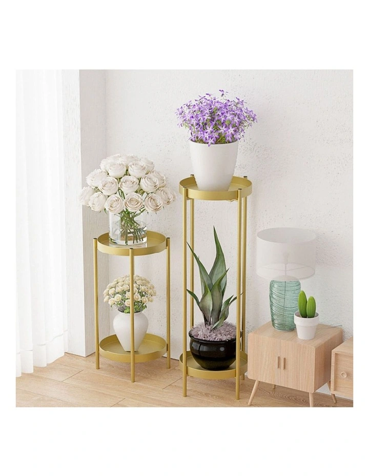 SOGA 4X 2 Layer 80cm Gold Metal Plant Stand Flower Pot Holder Corner Shelving Rack Indoor Display image 2