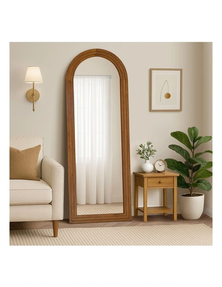 Oikiture Full Length Arch Mirror 165x60cm Walnut Wood Wall Mounted Home Decor image 4