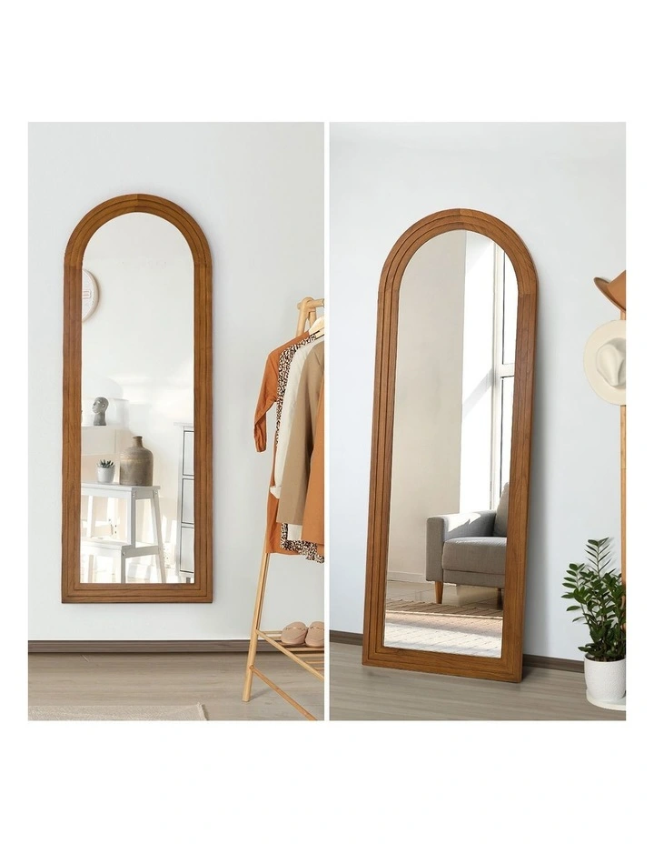 Oikiture Full Length Arch Mirror 165x60cm Walnut Wood Wall Mounted Home Decor image 6