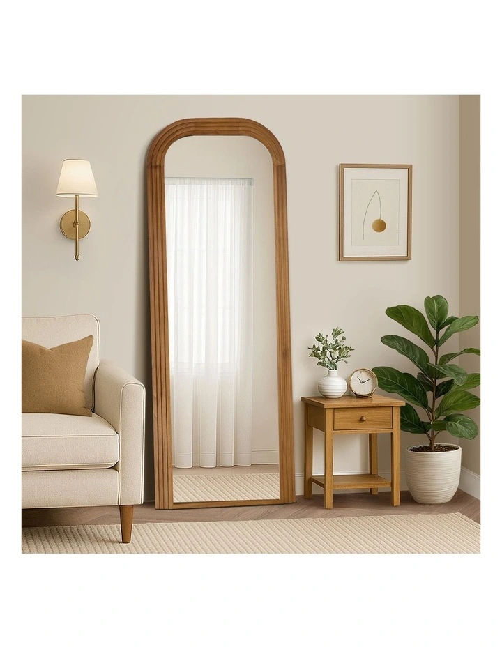 Oikiture Full Length Arch Mirror 165x60cm Walnut Wood Top Rounded Corner Bedroom image 4
