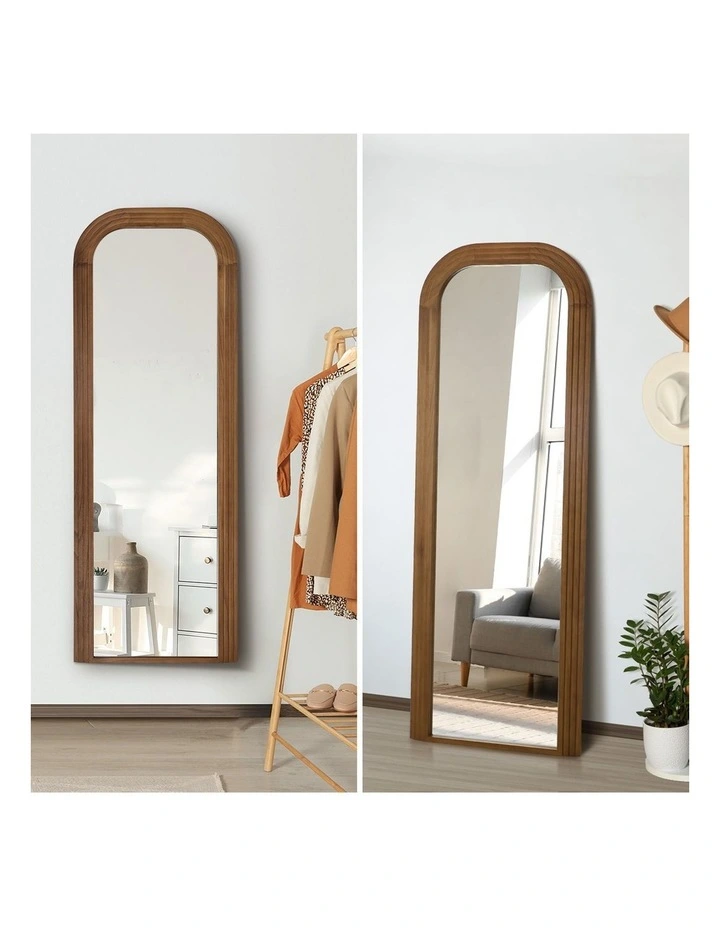 Oikiture Full Length Arch Mirror 165x60cm Walnut Wood Top Rounded Corner Bedroom image 6