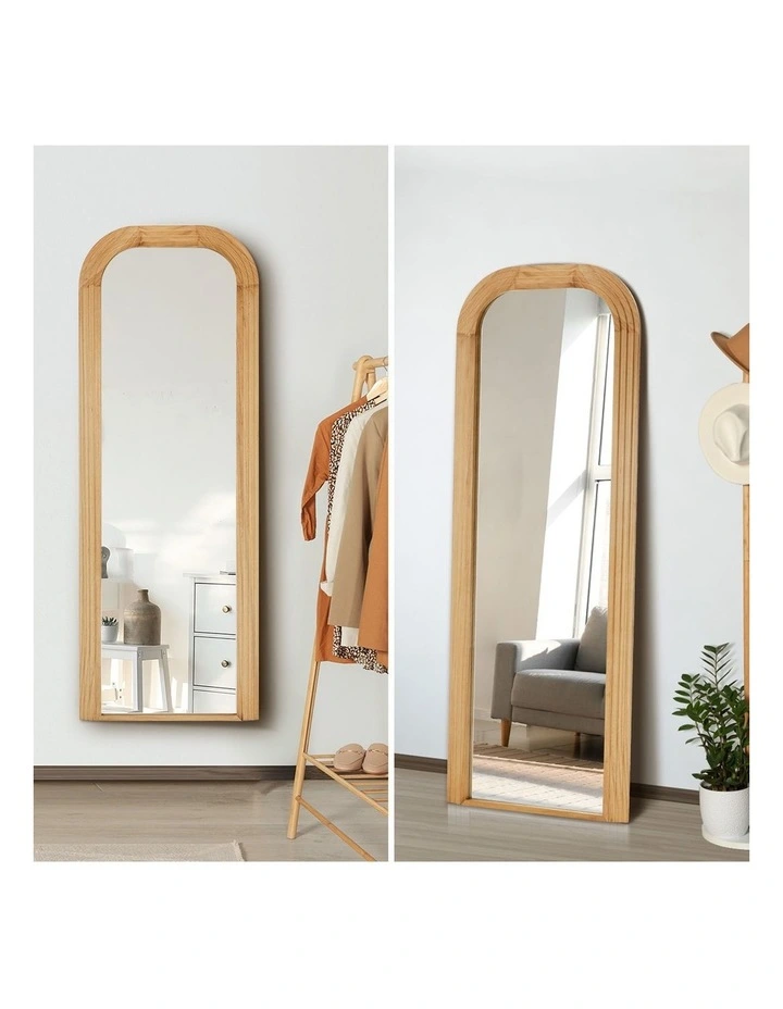 Oikiture Full Length Arch Mirror 165x60cm Natural Wood Top Round Corner Bedroom image 6