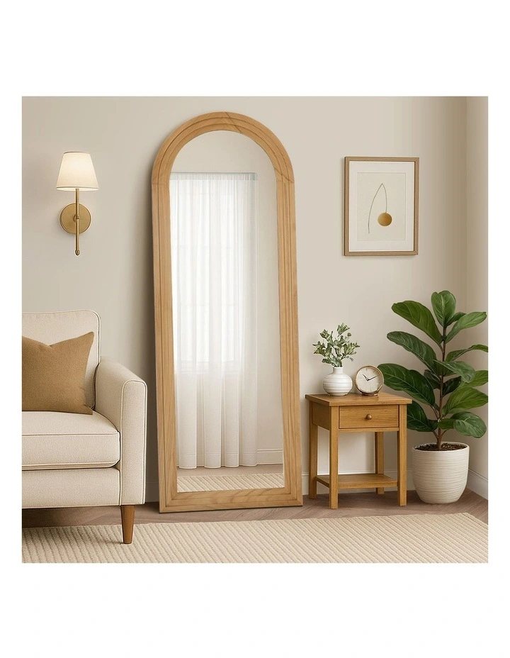 Oikiture Full Length Arch Mirror 165x60cm Natural Wood Wall Mounted Home Decor image 4