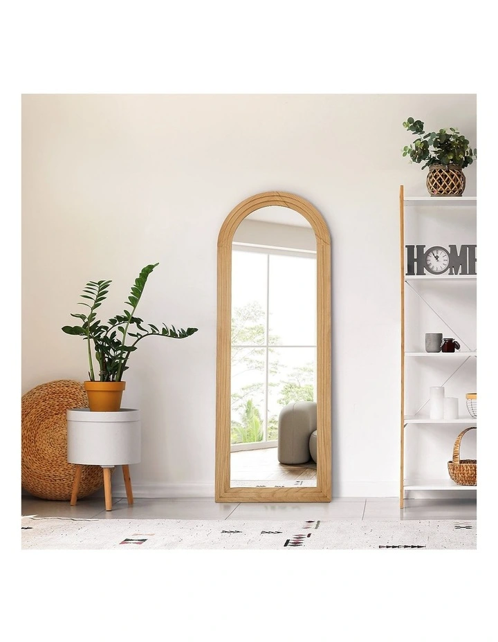 Oikiture Full Length Arch Mirror 165x60cm Natural Wood Wall Mounted Home Decor image 7