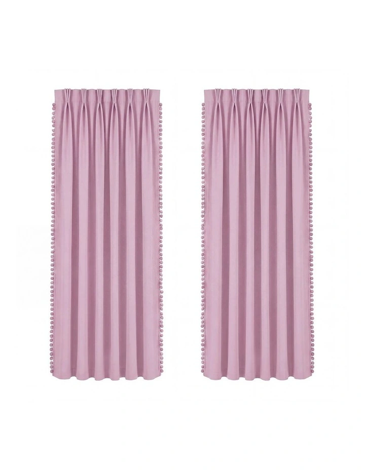 Marlow Blackout Curtains Pink 2 Panels Thermal Insulated Pom Pom 132cm x 160cm image 1