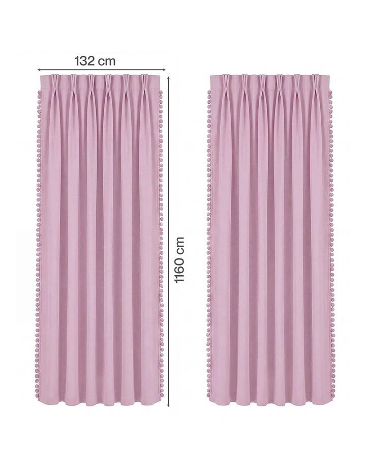 Marlow Blackout Curtains Pink 2 Panels Thermal Insulated Pom Pom 132cm x 160cm image 3