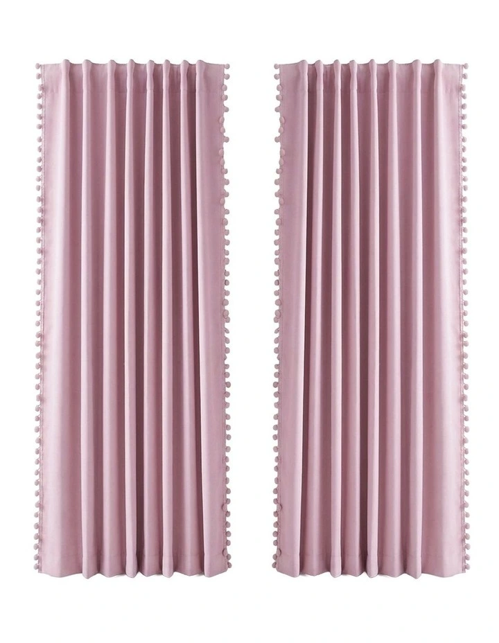 Marlow Blackout Curtains Pink 2 Panels Thermal Insulated Pom Pom 132cm x 213cm image 2