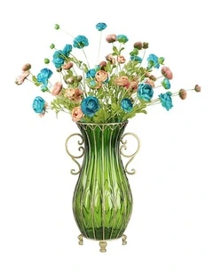 SOGA 51cm Green Glass Tall Floor Vase with 12pcs Artificial Fake Flower Set