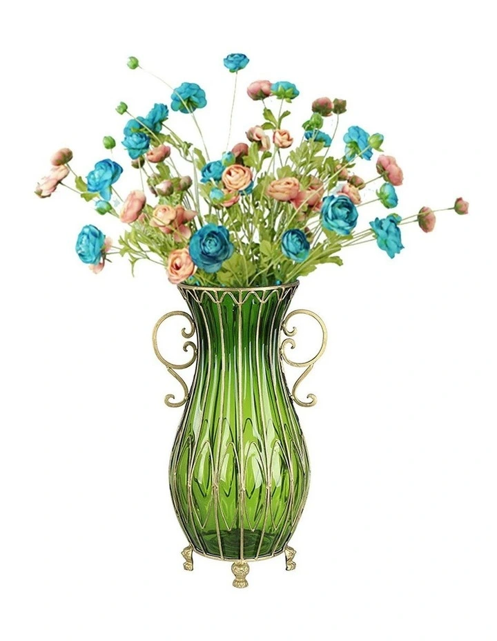 SOGA 51cm Green Glass Tall Floor Vase with 12pcs Artificial Fake Flower Set image 1