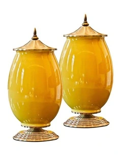 SOGA 2x 40cm Ceramic Oval Flower Vase with Gold Metal Base Yellow