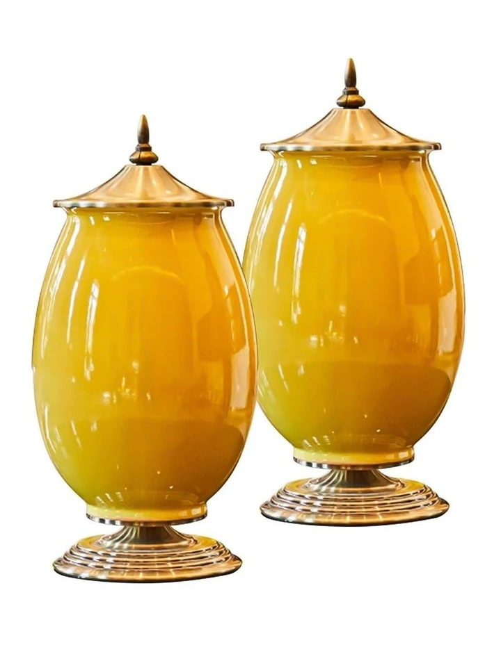 SOGA 2x 40cm Ceramic Oval Flower Vase with Gold Metal Base Yellow image 1