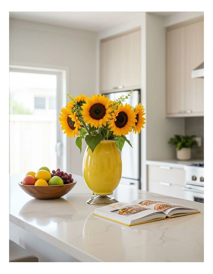 SOGA 2x 40cm Ceramic Oval Flower Vase with Gold Metal Base Yellow image 2