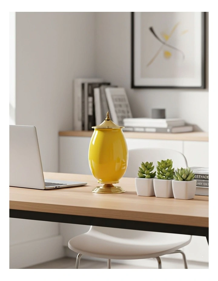 SOGA 2x 40cm Ceramic Oval Flower Vase with Gold Metal Base Yellow image 3