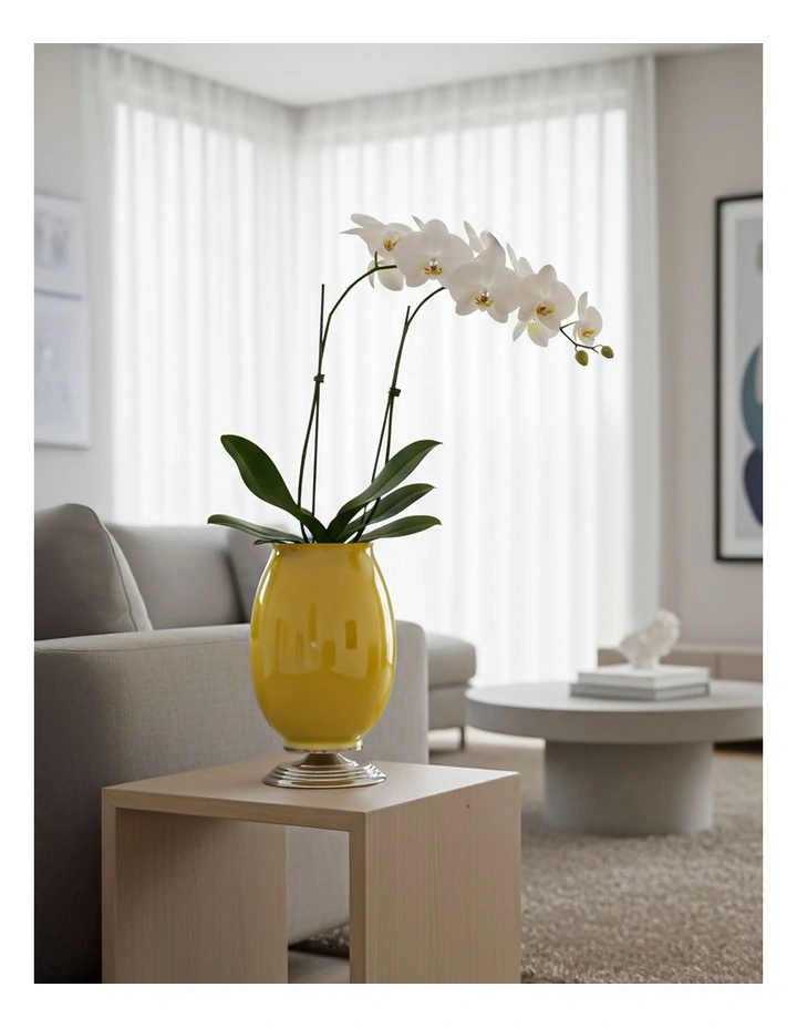 SOGA 2x 40cm Ceramic Oval Flower Vase with Gold Metal Base Yellow image 4