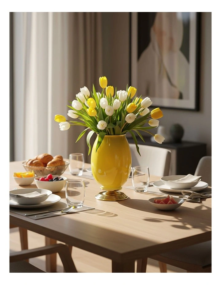 SOGA 2x 40cm Ceramic Oval Flower Vase with Gold Metal Base Yellow image 5