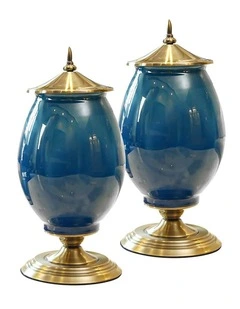 SOGA 2x 40cm Ceramic Oval Flower Vase with Gold Metal Base Dark Blue