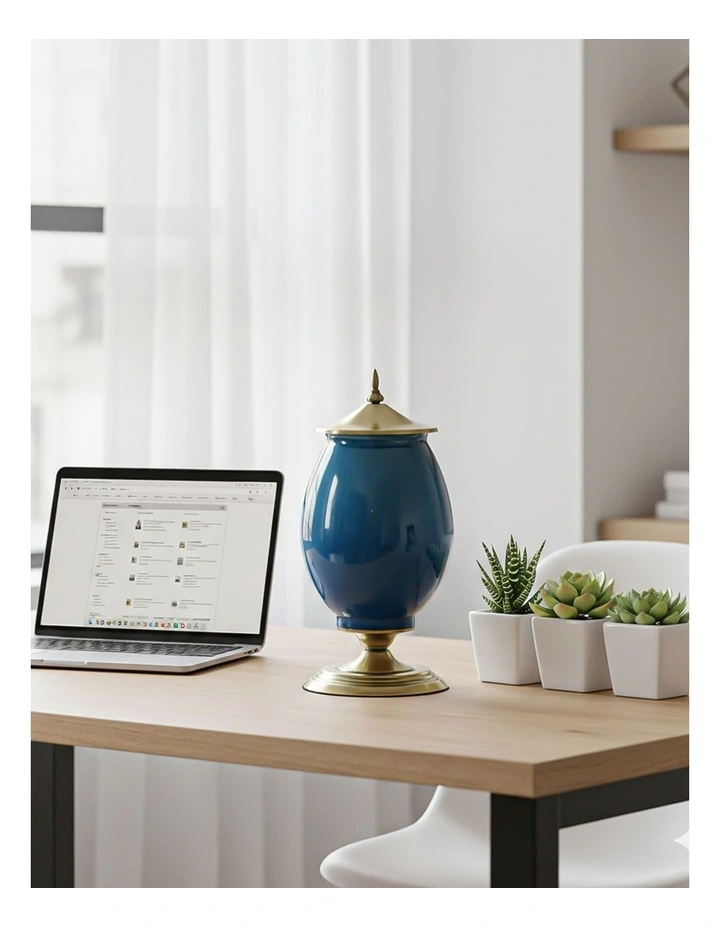 SOGA 2x 40cm Ceramic Oval Flower Vase with Gold Metal Base Dark Blue image 3
