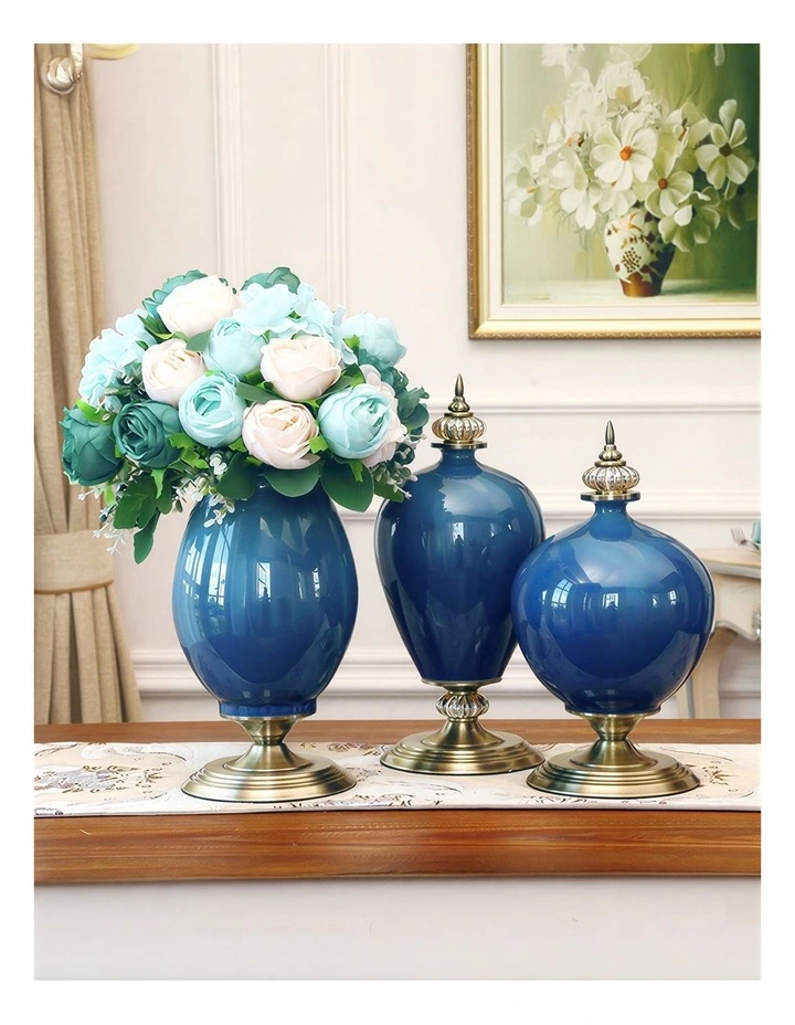 SOGA 2x 40cm Ceramic Oval Flower Vase with Gold Metal Base Dark Blue image 4