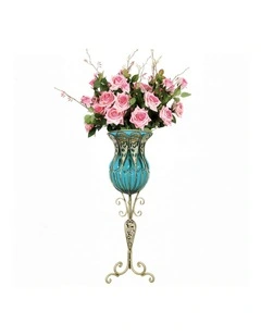 SOGA 85cm Blue Glass Tall Floor Vase and 12pcs Pink Artificial Fake Flower Set
