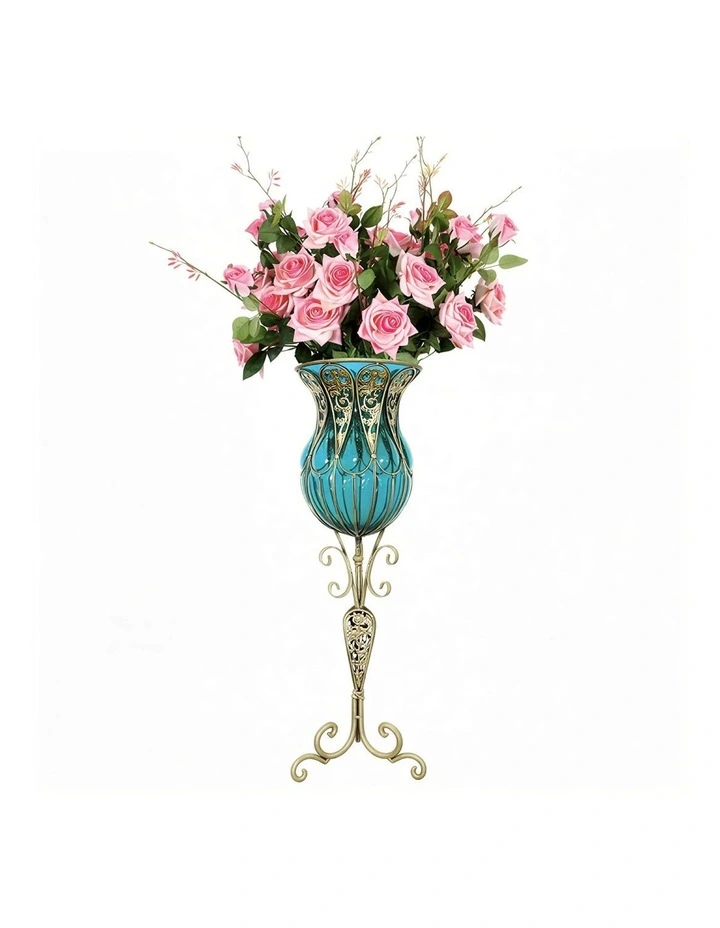 SOGA 85cm Blue Glass Tall Floor Vase and 12pcs Pink Artificial Fake Flower Set image 1