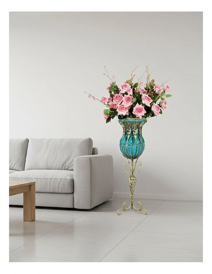 SOGA 85cm Blue Glass Tall Floor Vase and 12pcs Pink Artificial Fake Flower Set image 2