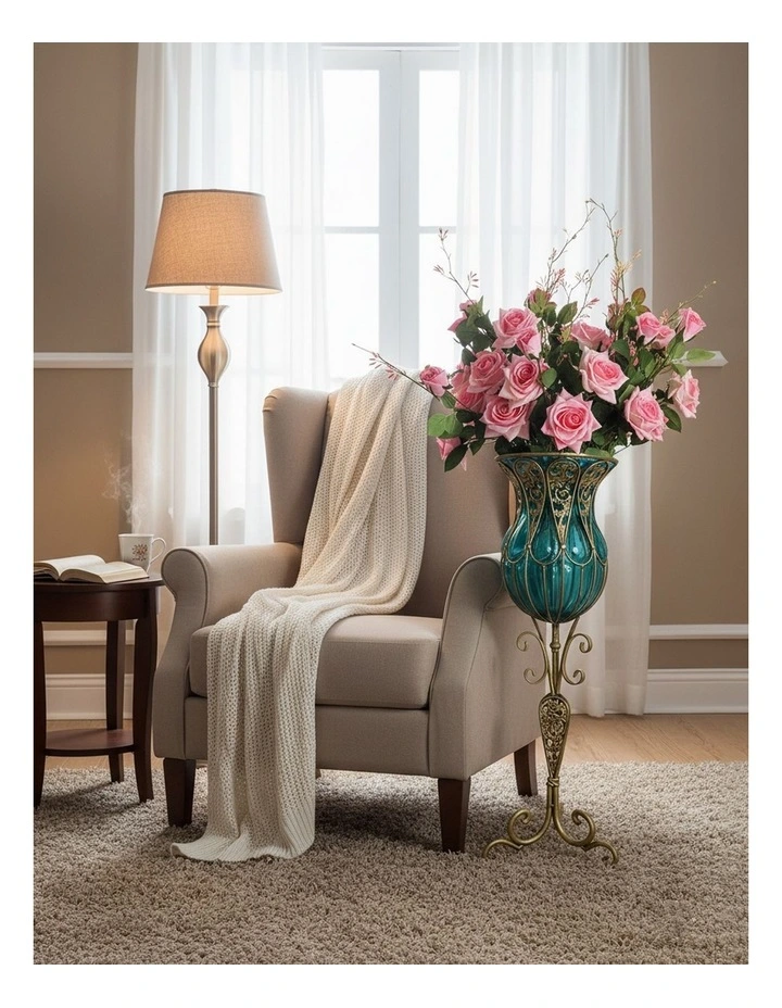 SOGA 85cm Blue Glass Tall Floor Vase and 12pcs Pink Artificial Fake Flower Set image 3