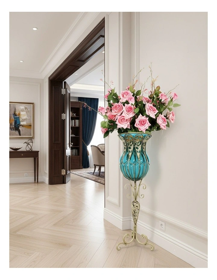 SOGA 85cm Blue Glass Tall Floor Vase and 12pcs Pink Artificial Fake Flower Set image 4