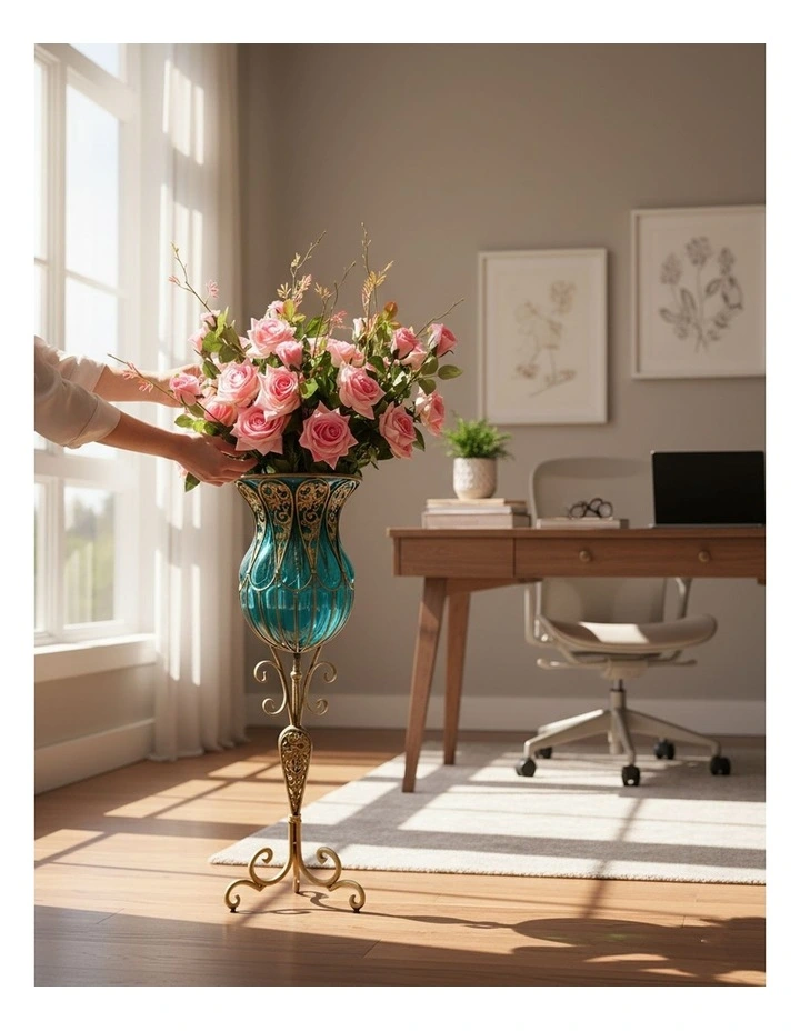 SOGA 85cm Blue Glass Tall Floor Vase and 12pcs Pink Artificial Fake Flower Set image 5